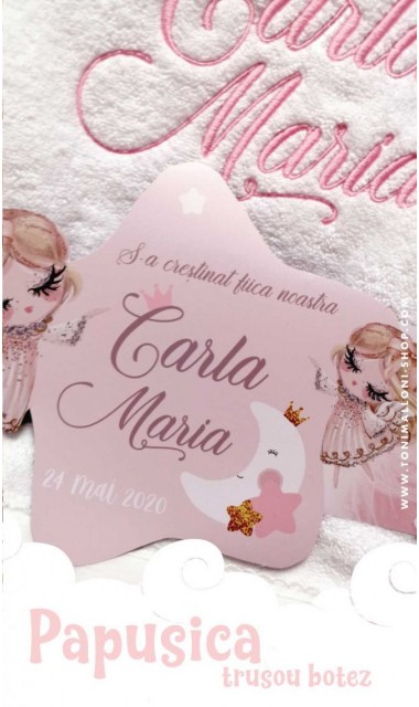 Trusou de botez cu papusica roz, gene lungi si broderie customizata, Doll 4